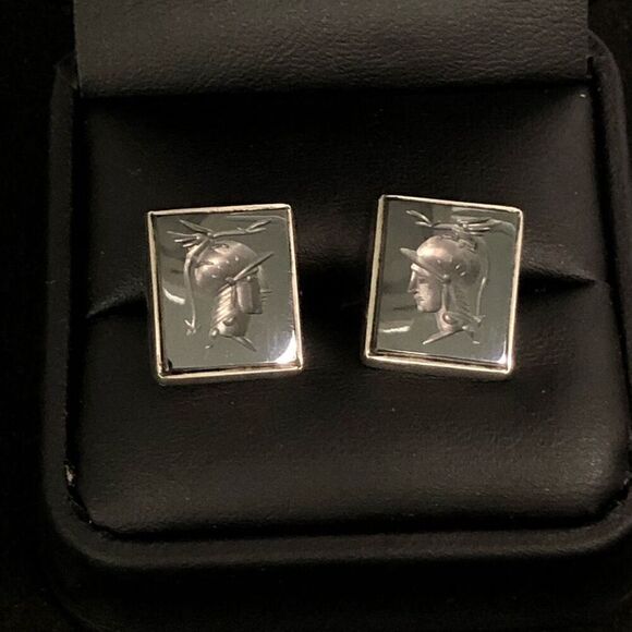 vintage sterling silver trojan greek soldier hematite trojan cuff links intaglio - Picture 1 of 10